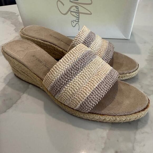 Studio Works Maddie Slide Espadrille Wedge Sandals Womens 8 Neutral Striped Band - Picture 9 of 10